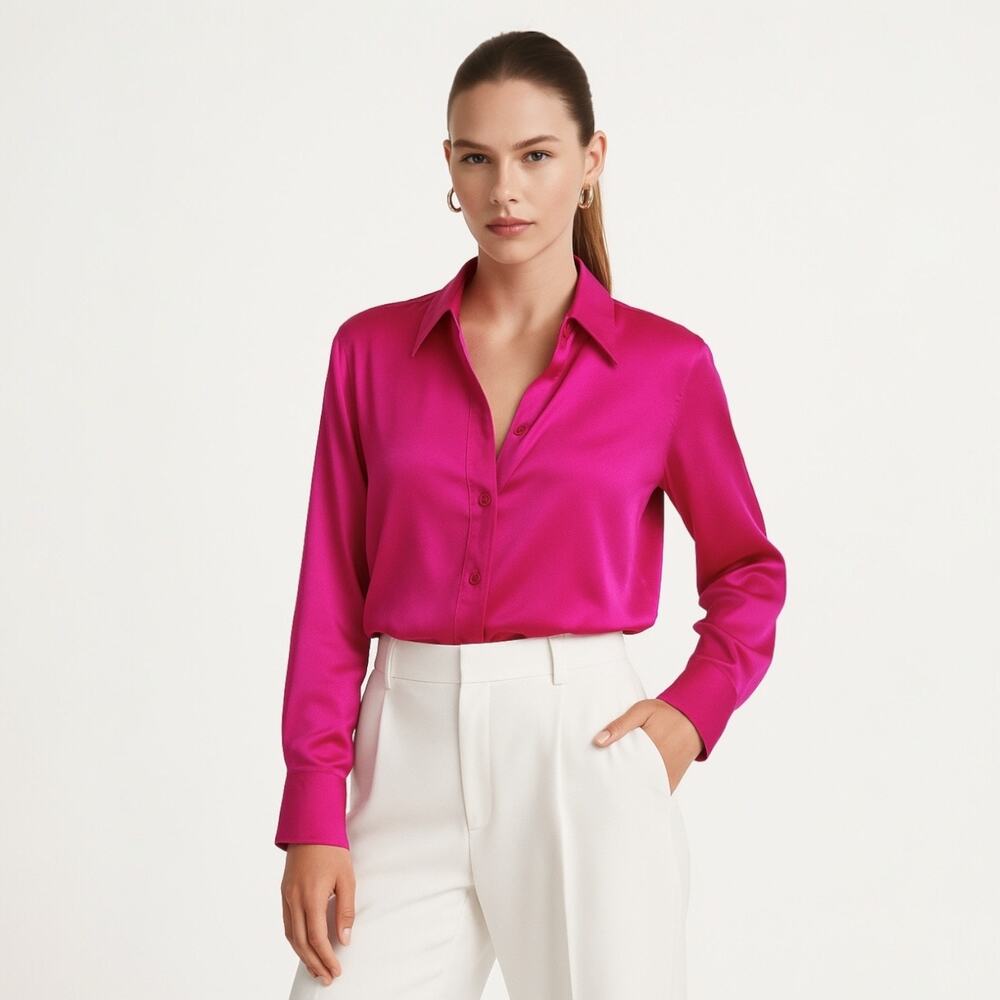 Retrofete Fuchsia Pink 100% Silk Satin Long Sleeve Button Up Blouse Shirt Top XS
